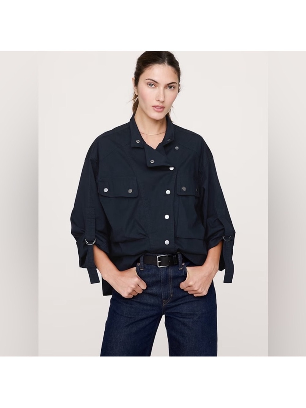 Banana Republic Dark Navy Snap Utility flight Top Large New